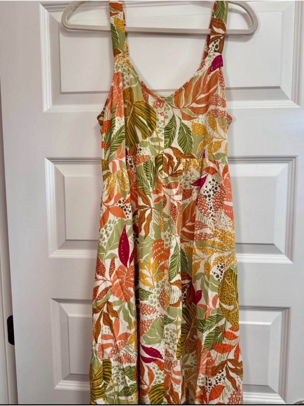Japna Multicolor Leaf-Print Maxi Dress — Orange, Green, Yellow, Pink, Cream